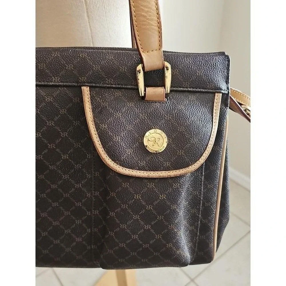 Rioni Signature Monogram Tote Womens Sz M Brown Leather Trim Shoulder Bag J9836Y